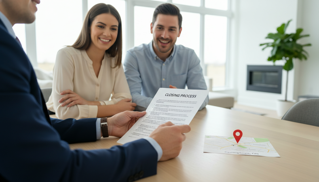 Real estate agent and couple reviewing closing documents titled 'Closing Process' in a Georgetown, ON home
