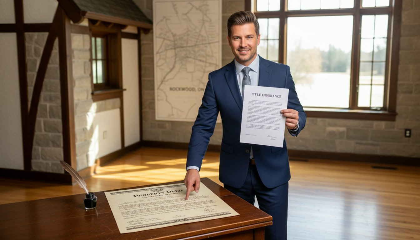 Local realtor holding title insurance documents in front of a Rockwood, Ontario house