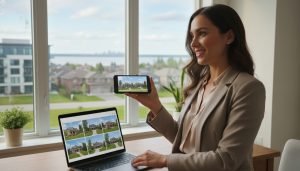 Realtor coordinating a Mississauga home sale remotely with virtual tour on phone and laptop, suburban homes outside window