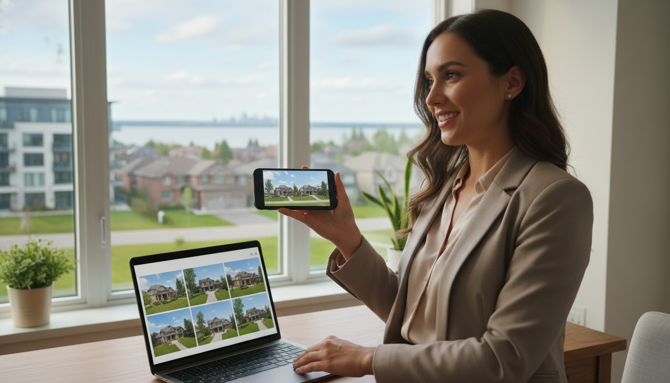 Realtor coordinating a Mississauga home sale remotely with virtual tour on phone and laptop, suburban homes outside window