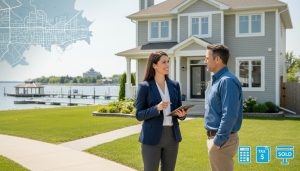 Realtor advising Burlington homeowner about capital gains tax with house, tax papers, and map overlay.