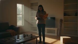 Person in empty room holding a notebook and camera with photos on a table and a packed box in the corner