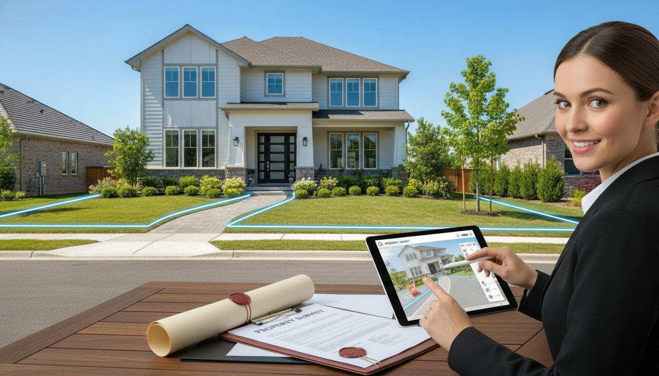 Suburban house with highlighted easement path, title deed and survey being examined