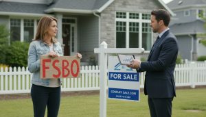 Homeowner considering a For Sale By Owner sign while a realtor shows market data on a tablet in front of a suburban house