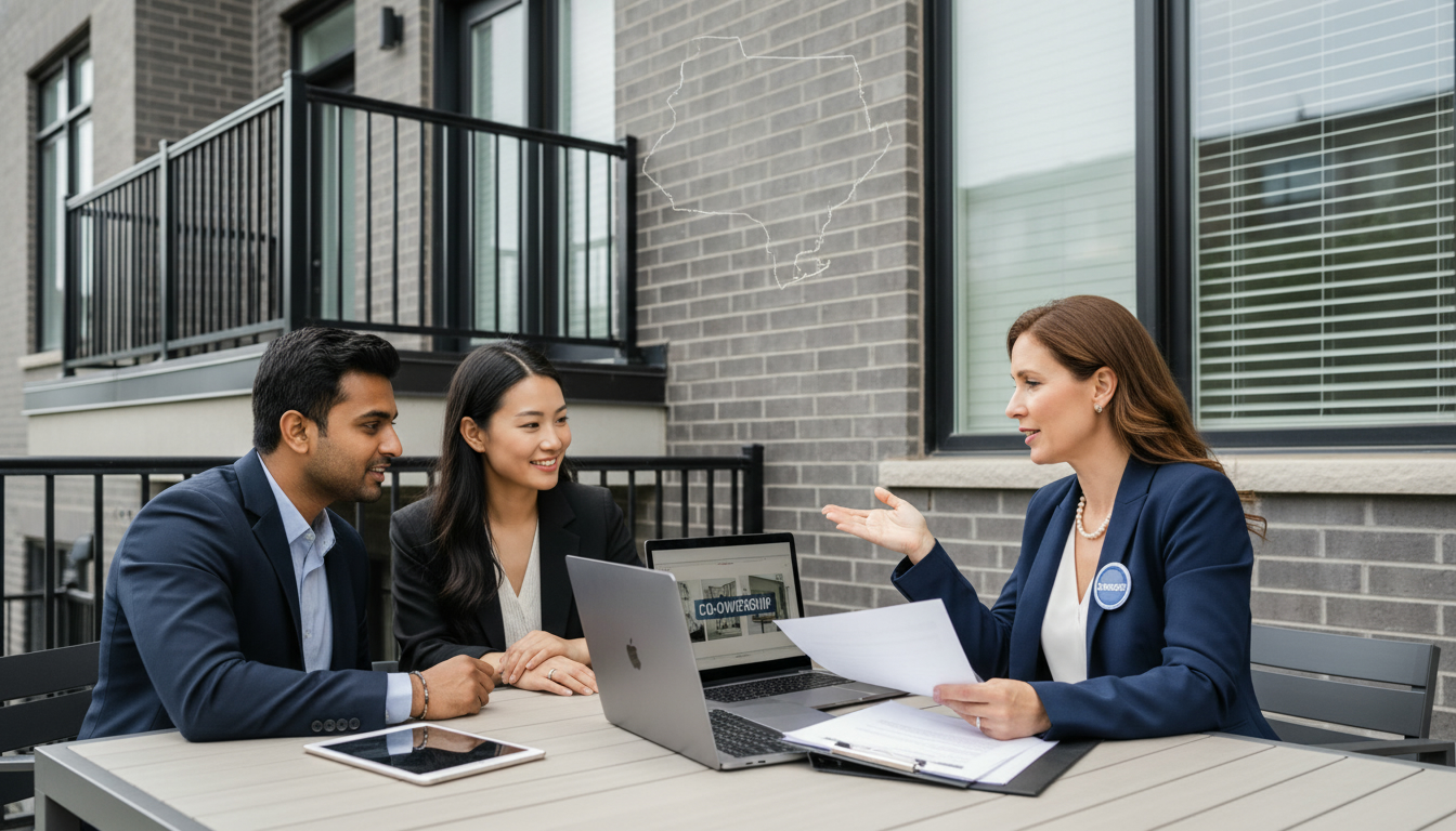 Real estate agent advising a young couple about co-ownership in front of an Ontario townhouse