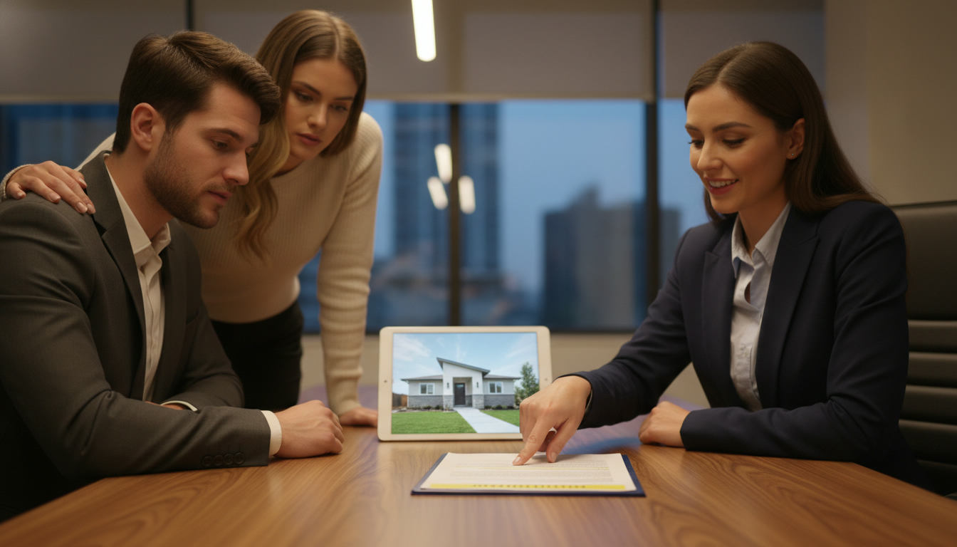 Real estate agent points to contract with 'escalation clause' highlighted during negotiation