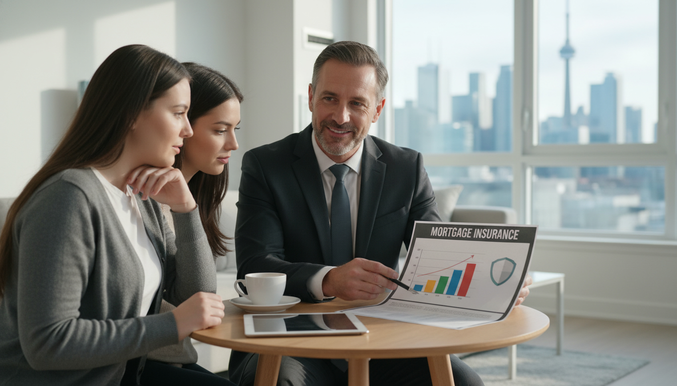 Realtor explaining mortgage insurance to a couple over documents with a house in background.