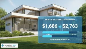 House, calculator and monthly mortgage payment comparison chart