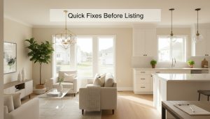 Freshly staged living room and kitchen showing quick fixes before listing: clean surfaces, modern hardware, plants, natural light.