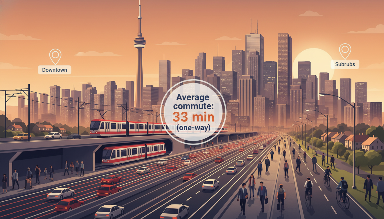 Toronto skyline with commuters, cars, subway and infographic badge showing average commute 33 minutes