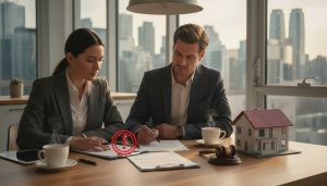 Realtor and homeowner reviewing property disclosure paperwork with warning icon and model house on table
