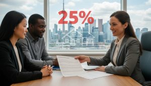 Realtor explaining Non-Resident Speculation Tax paperwork to buyers with Toronto skyline and 25% symbol