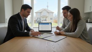 Real estate agent reviewing a conditional offer contract with buyers at a kitchen table, highlighted clauses visible