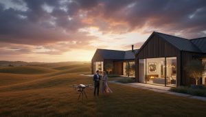 Luxury rural estate at dusk with realtor advising couple and drone in foreground
