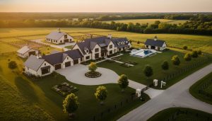 Luxury rural farmhouse on acreage with drone view and 'For Sale' sign at sunset