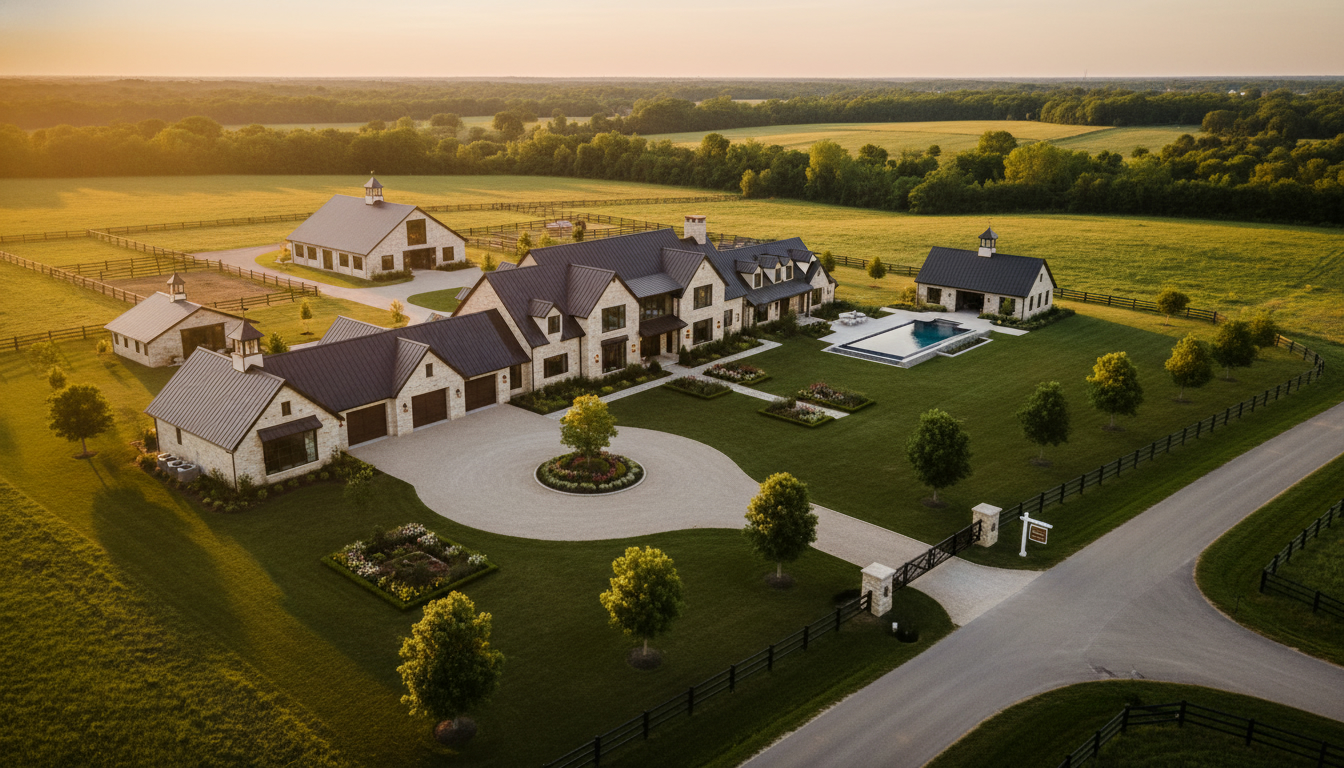Luxury rural farmhouse on acreage with drone view and 'For Sale' sign at sunset