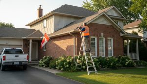 Home inspector inspecting exterior of a suburban Ontario house with clipboard and camera