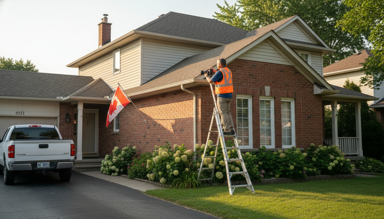Home inspector inspecting exterior of a suburban Ontario house with clipboard and camera