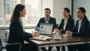 Confident realtor calmly negotiating at a table with clients and market data visible on a laptop.