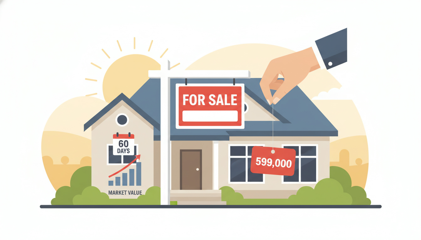 House for sale sign with a red price tag being lowered, calendar showing days on market and market chart