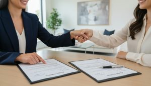 Realtor reviewing two identical real estate offers on a table with contracts and handshake