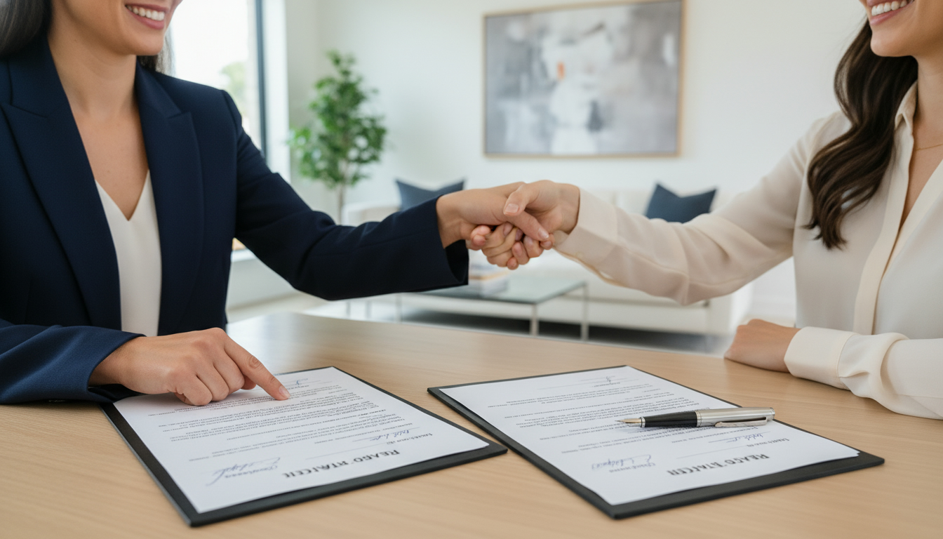 Realtor reviewing two identical real estate offers on a table with contracts and handshake