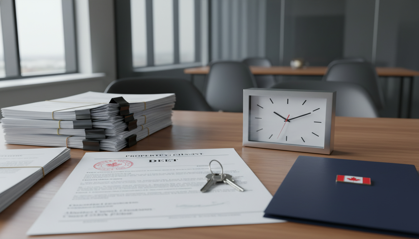 Lawyer's desk with Ontario property documents, clock and house keys showing closing timeline