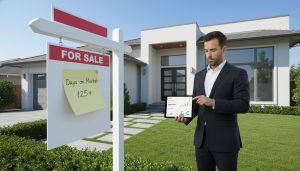 Suburban home with for sale sign and tablet showing listing metrics representing a stale listing