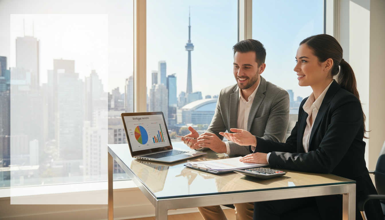 Realtor explains mortgage pre-approval to a young couple with documents and laptop in a modern office.