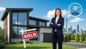 Realtor in front of sold house with clock overlay representing quick possession and fast closing