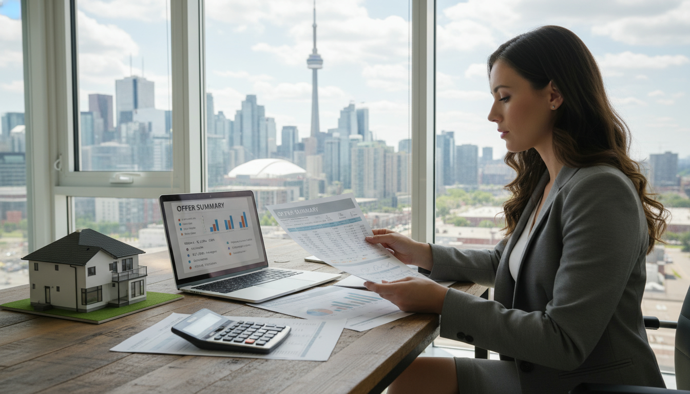 Realtor comparing multiple real estate offers with documents, calculator and laptop