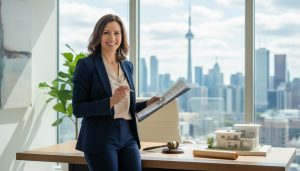 Realtor holding closing documents with house model, title deed and gavel on desk