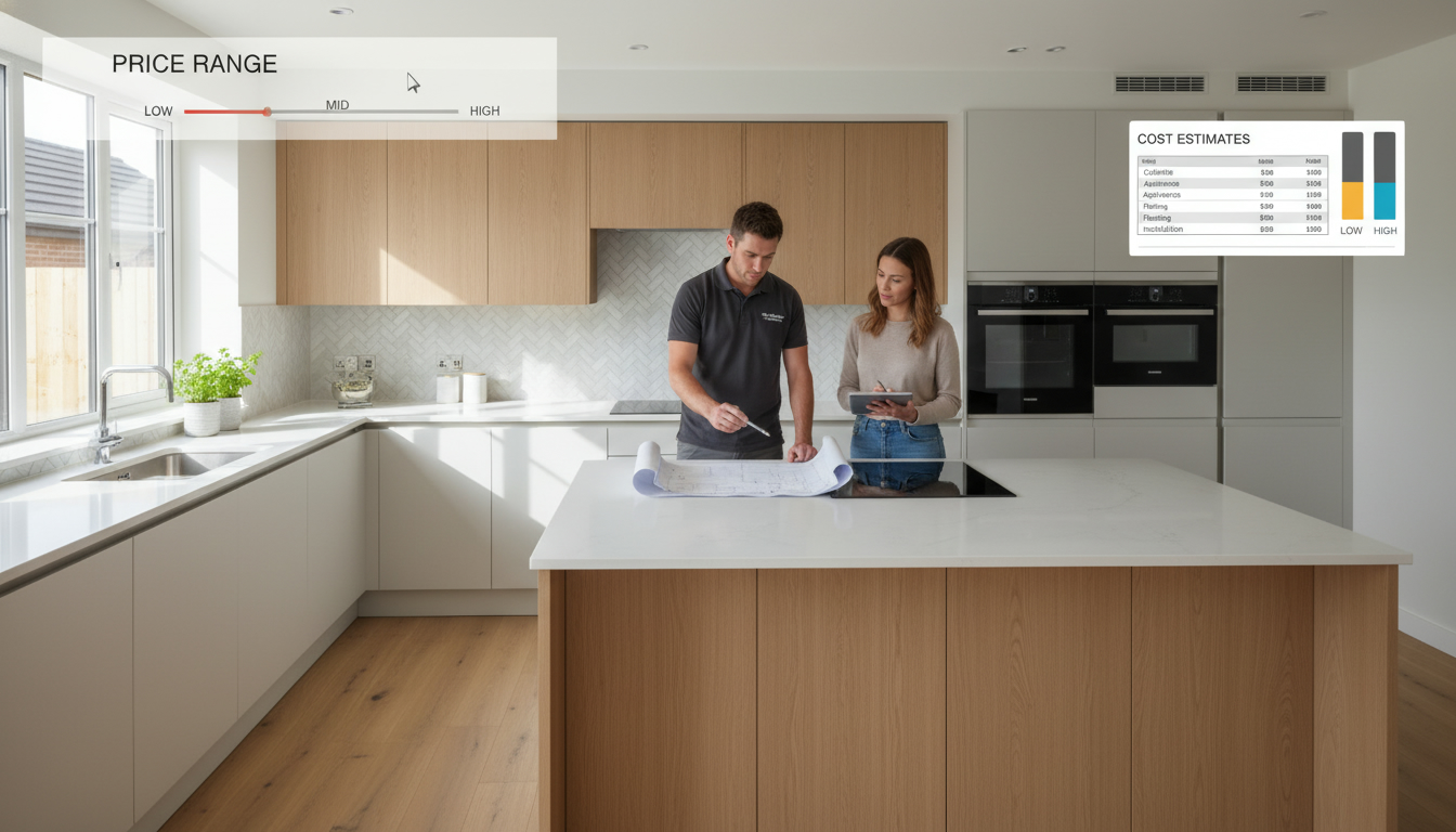 Modern renovated kitchen with contractor reviewing plans and cost estimates