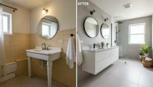 Before-and-after photorealistic modern bathroom renovation with updated vanity, tiles, and fixtures