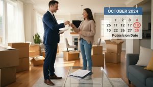 Realtor handing keys to buyer next to moving boxes and a calendar marked 'Closing Day'