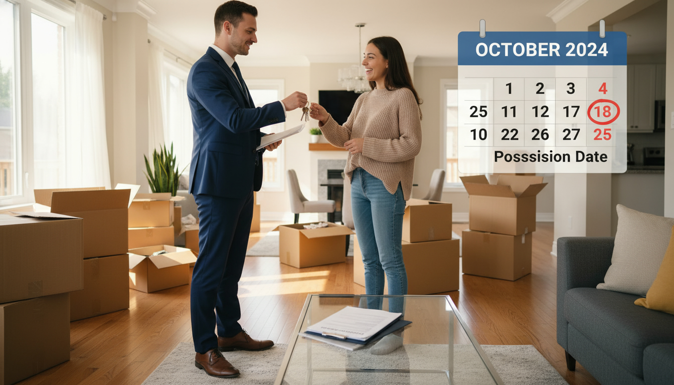 Realtor handing keys to buyer next to moving boxes and a calendar marked 'Closing Day'