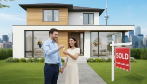 Realtor handing keys to happy homeowners in front of a sold home with staged interior visible and city skyline in background.