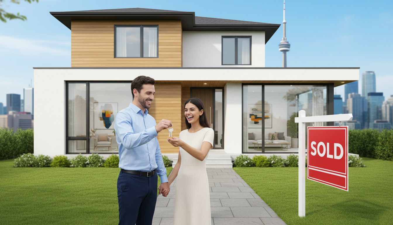 Realtor handing keys to happy homeowners in front of a sold home with staged interior visible and city skyline in background.