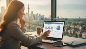 Investor reviewing rental income, cap rate and resale value charts with Toronto skyline in background