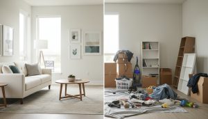 Modern living room showing staged side and cluttered side with moving boxes and a for sale sign outside.