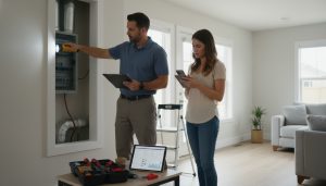 Homebuyer and home inspector reviewing findings inside a living room, inspector with clipboard, buyer taking notes on phone.