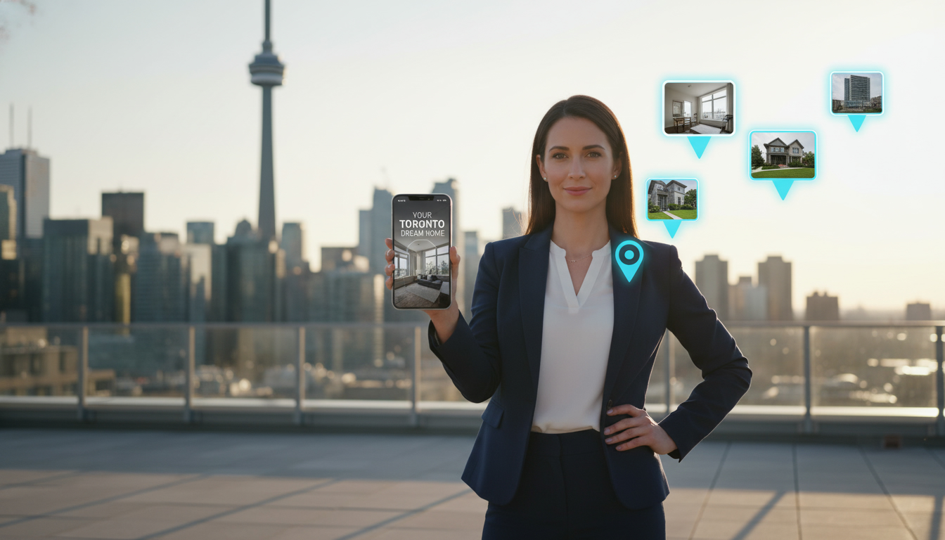 Toronto real estate marketing: realtor with smartphone, digital ads and map pins over Toronto skyline.