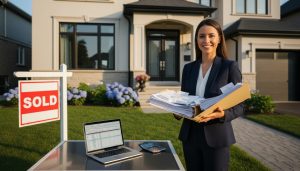 Realtor holding receipts and tax documents with sold house in background