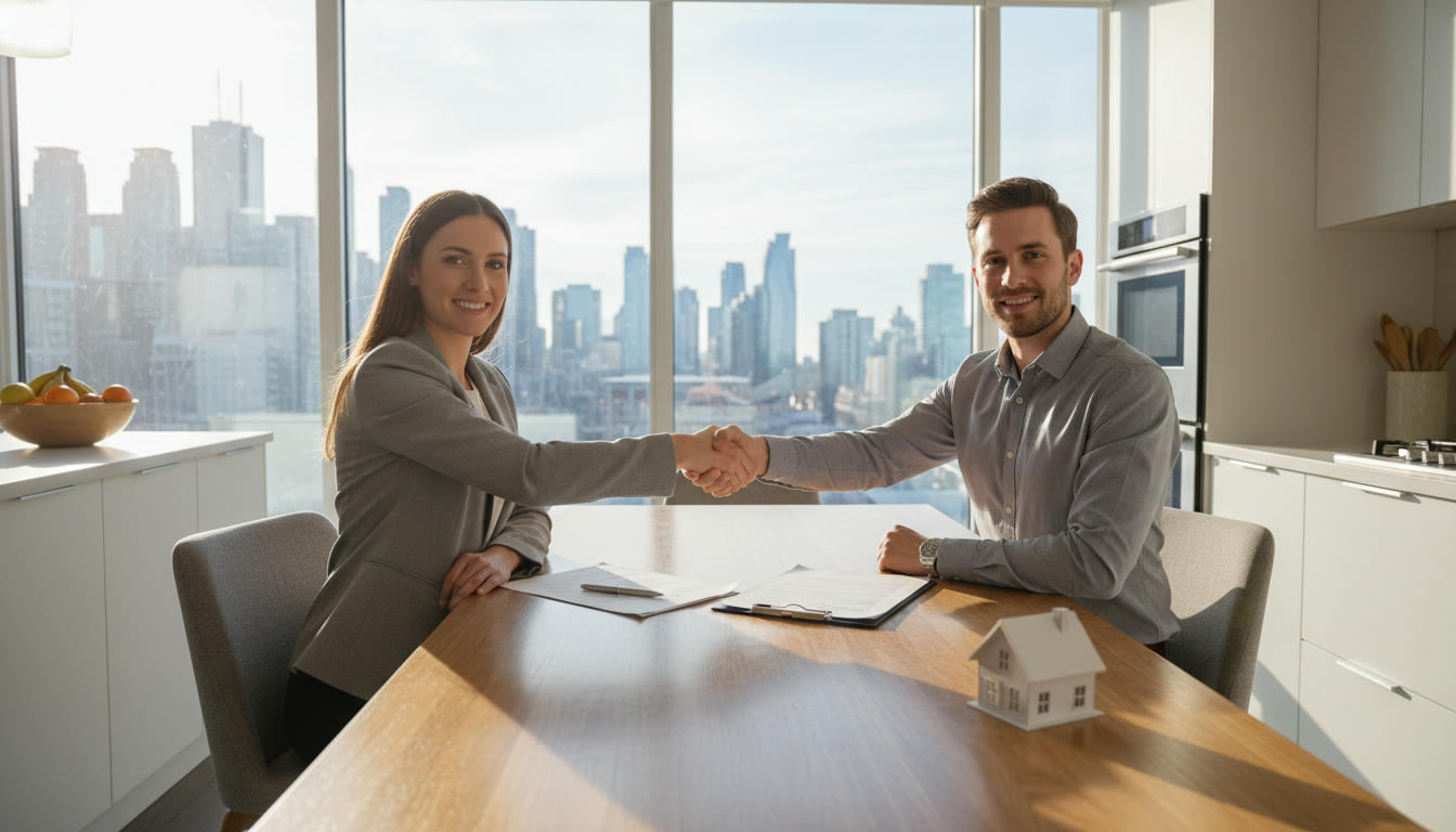 Realtor advising homeowner about land transfer tax and closing costs with documents on table and Toronto skyline in background