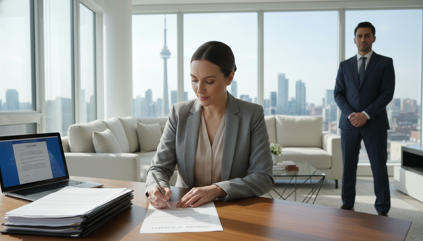 Homeowner signing termination letter to end real estate agent agreement in modern living room with agent in background.