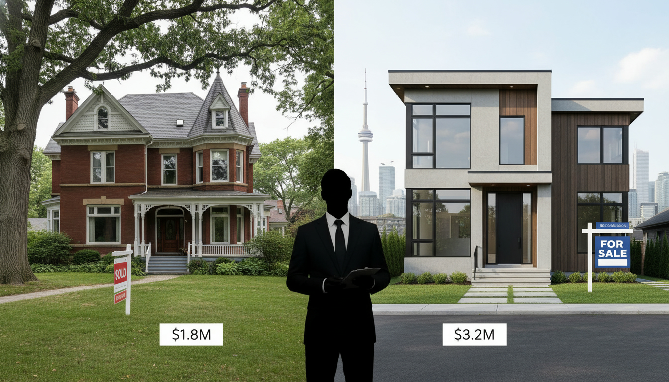 Split image of an older Victorian house and a modern new-build with price tags and real estate agent silhouette