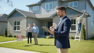 Appraiser comparing market data while inspector examines a home exterior and realtor talks to clients