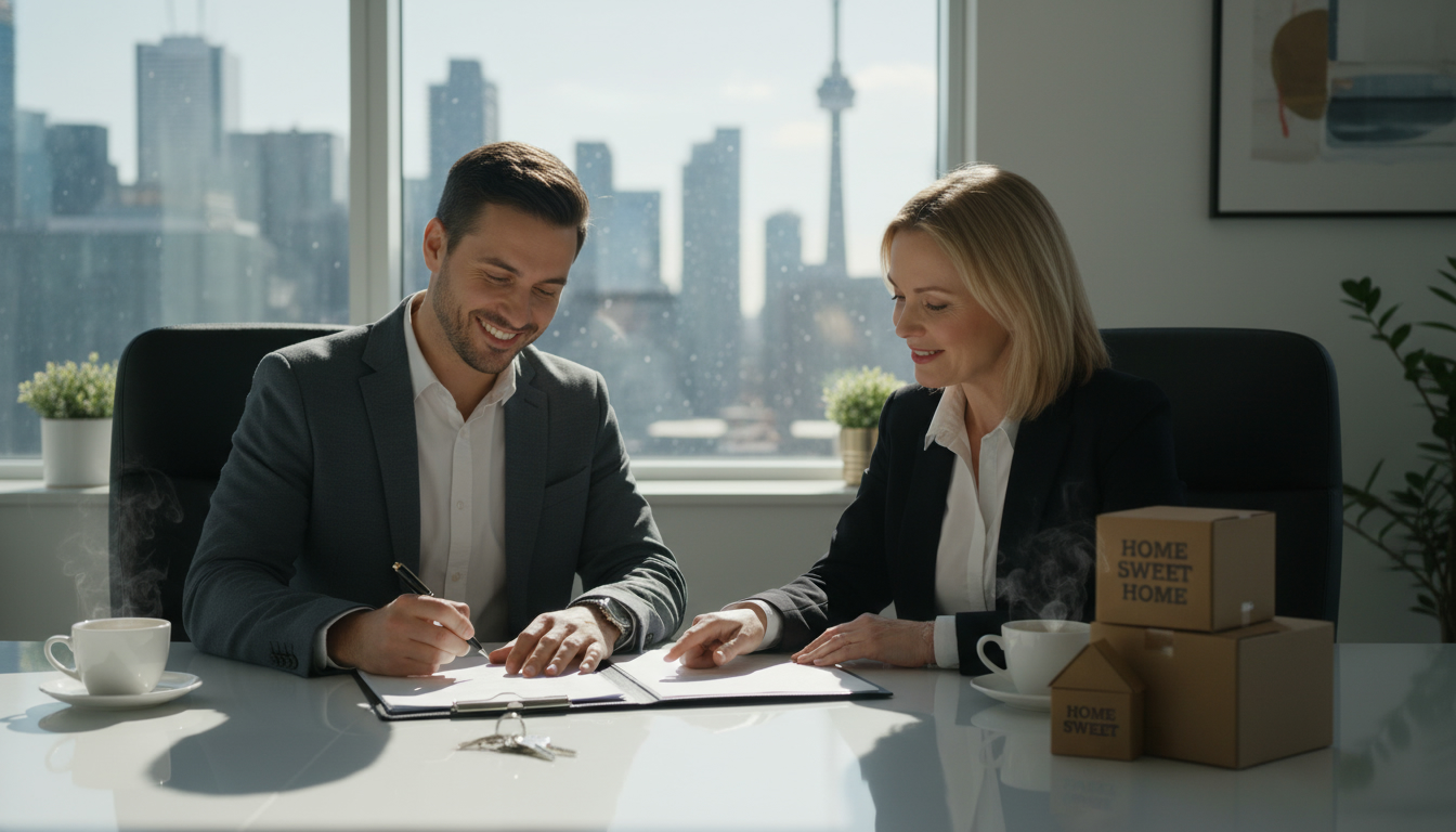 Homeowner signing final closing documents at a lawyer's office with realtor and moving boxes nearby.