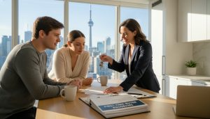 Realtor advising first-time home buyers with house documents and Toronto skyline visible