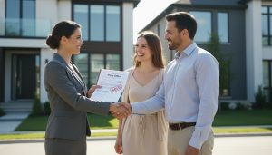 Realtor handing signed contract showing 'Firm Offer' and 'Conditional Offer' documents to buyers in front of a house.